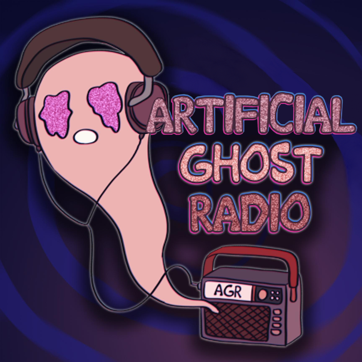 ARTIFICIAL GHOST RADIO cover art. A ghost named Lyric has emerged out of a retro radio. Lyric is wearing headphones and has static in their eyes. They are possessed by the music.