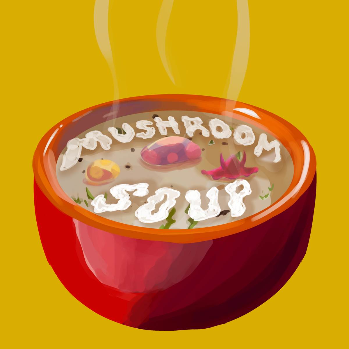 Mushroom Soup cover art. A delicious and steaming bowl of soup with the title of the show written hazily in the broth. In the middle of the bowl three mushroom caps stick out, representing Amy Terry, Joe Langlois, and Jupiter Morningstar.