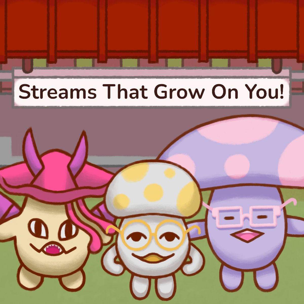 Mushroom Station Streams cover art. Standing in front of the Mushroom Station are the three Mushroomites representing Jupiter Morningstar, Amy Terry, and Joe Langlois. They are excited to stream for you!